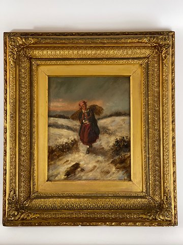 Oil painting antique gold frame by girl collecting firewood. 19th Century. 
Signed