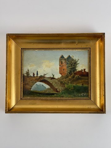 Painting of landscape with bridge and castle as well as persons - possibly 
German or Austrian - marked on the back with pencil Hans Fischer, indistinctly 
signed with initials