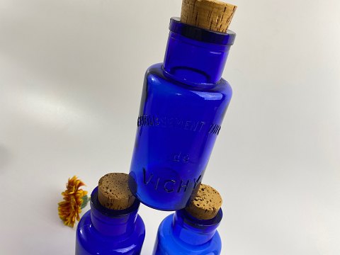 Antique, French, cobalt blue glass bottle from Etablissement Thermal de Vichy