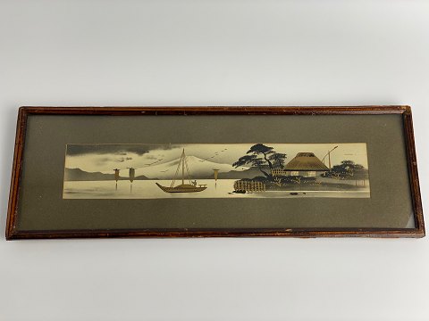 Vintage japansk maleri på papir, mixed media, vandfarve/blæk/guldfarve, midten af det 20. århundrede