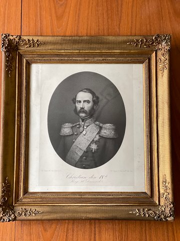 19th century picture frame with glass. Wood with tulle fabric and gilding. With 
print by Christian the 9th "King of Denmark"