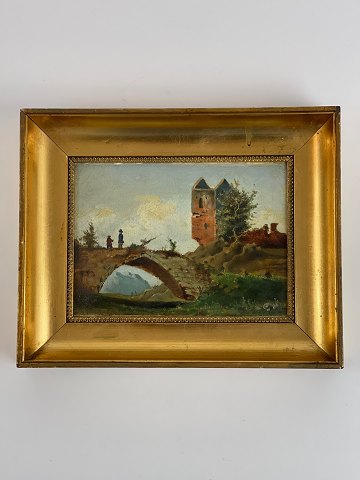 Landschaftsgemälde mit Brücke und Burg - möglicherweise deutsch oder 
österreichisch - rückseitig mit Bleistift bezeichnet Hans Fischer, undeutlich 
mit Initialen signiert