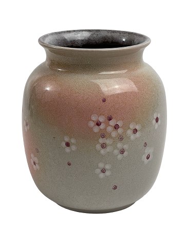 Smuk keramik vase med kirsebærblomster, beige, pink fra Strehla Keramik, daværende Østtyskland