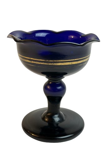 Candy bowl, sugar bowl, sugar dish. Blue glass with gold stripe