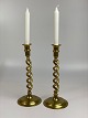 Pair of large, English, antique, open barley twist 
brass candlesticks for standard-size candles.