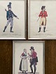 3 old prints in silver frames by Gerhard Ludvig 
Lahde from the series "Clothes suits in 
Copenhagen". Lahde, who was friends with 
Thorvaldsen, created the series in the early 1800s