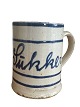 Almue earthenware mug with handle, Denmark. White 
coating with blue paint and clear glaze. Late 
1800s.